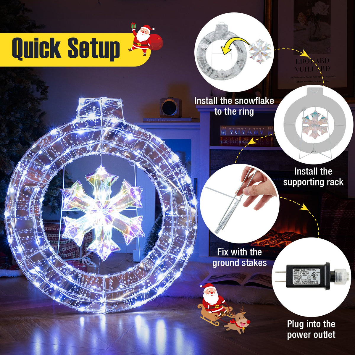 33 Inch Lighted Snowflake Wreath with Hanging Ring and Support Bracket