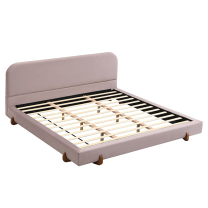 Elegant Upholstered Bed Frame with Solid Wood Legs - Pink or White