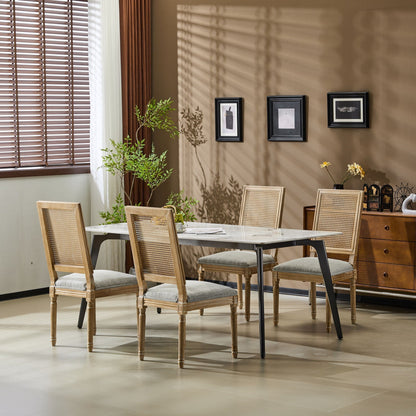 French Country Dining Chair with Rectangular Cane Backrest and Upholstered Seat