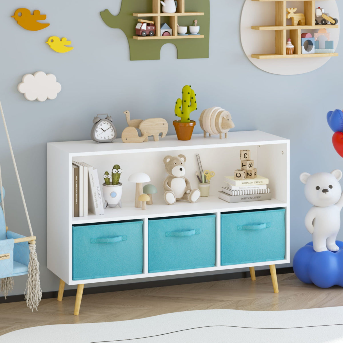 Bookcase With Collapsible Drawers - Modern Storage Shelf - White & Blue