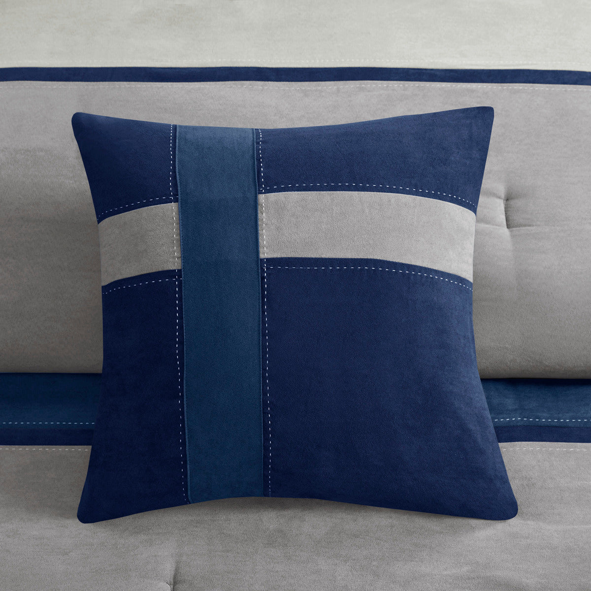 Blue Faux Suede Queen Comforter Set with Decorative Pillows - 7 Piece