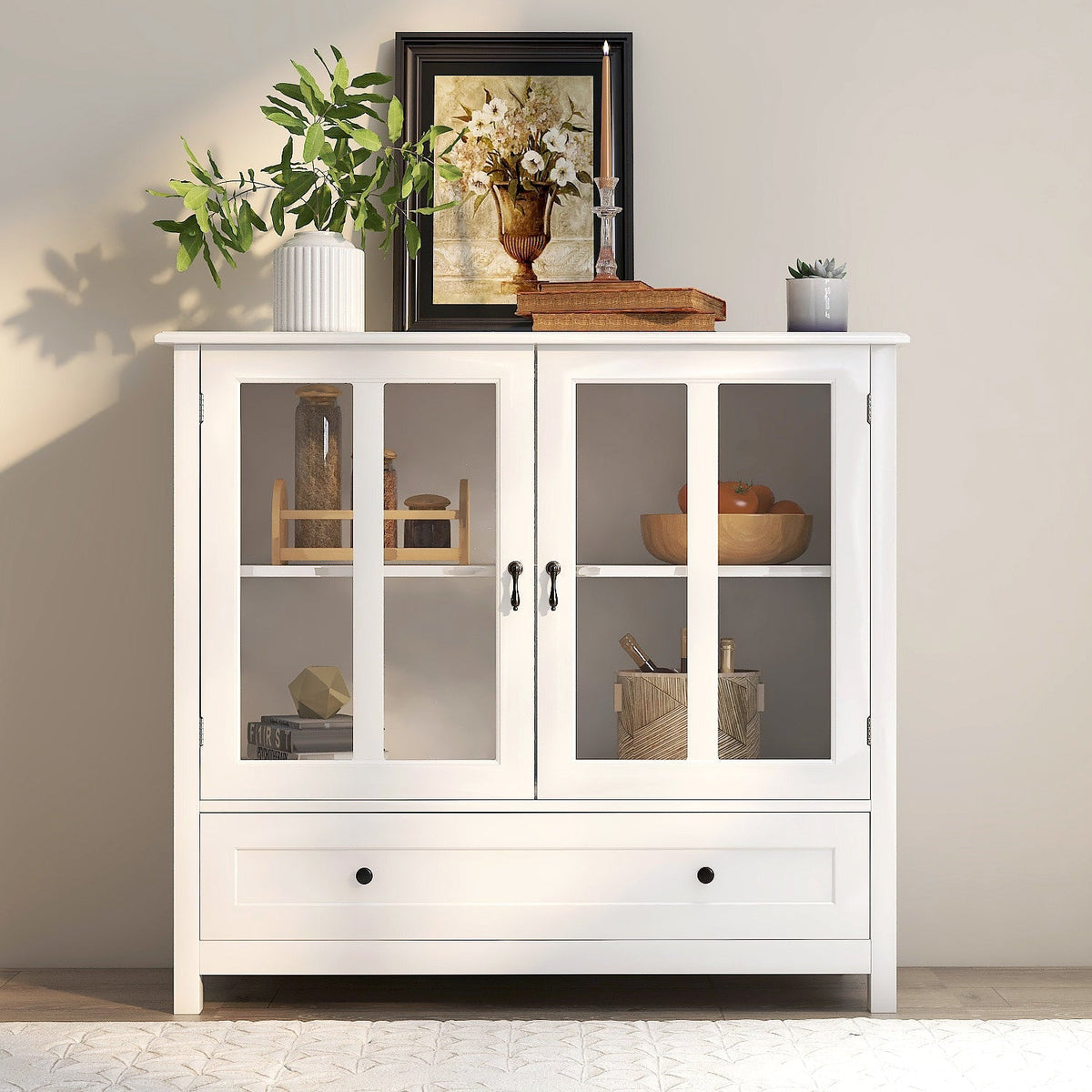 Buffet Storage Cabinet with Double Glass Doors and Bell Handle - White