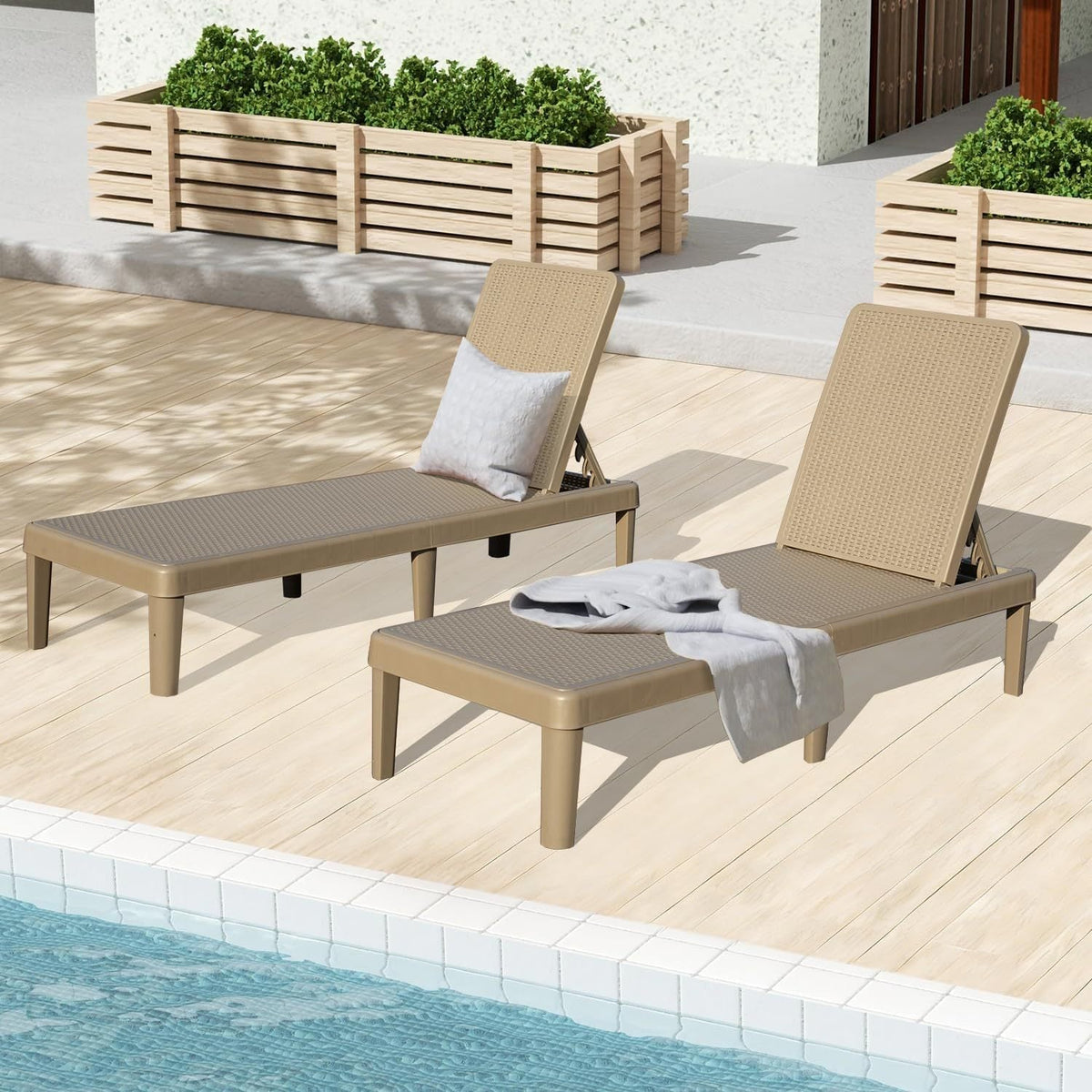 Pool Lounge Chairs Set of 2 with Adjustable Backrest - White Resin
