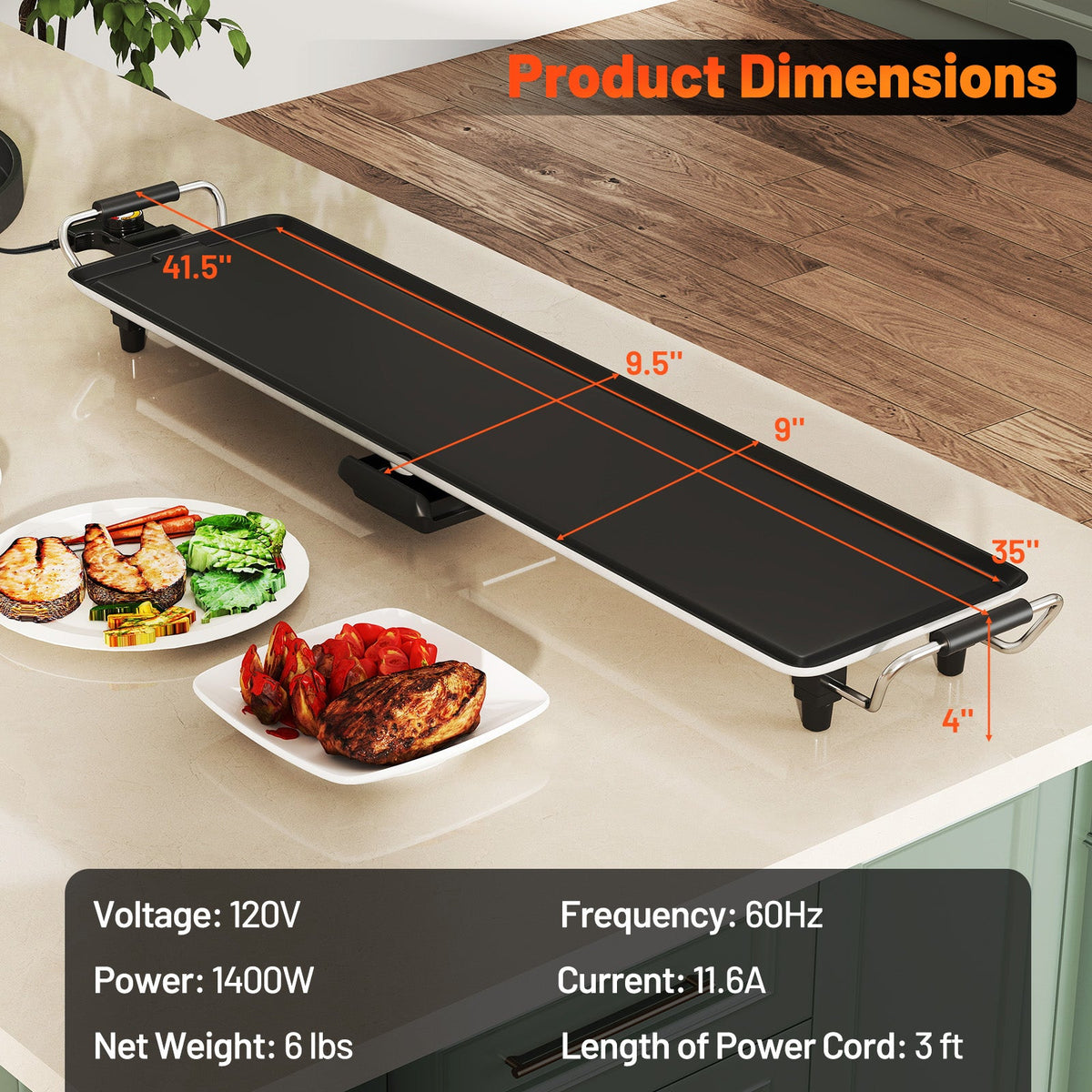 35 Inch Extra Large Electric Griddle with Adjustable Temperature Thermostats and Drip Tray
