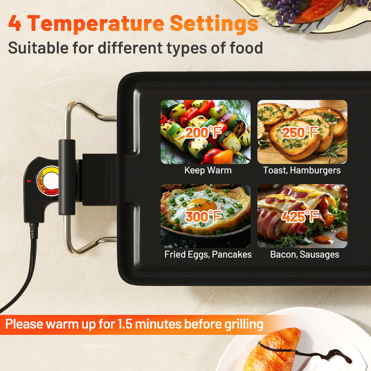 35 Inch Extra Large Electric Griddle with Adjustable Temperature Thermostats and Drip Tray