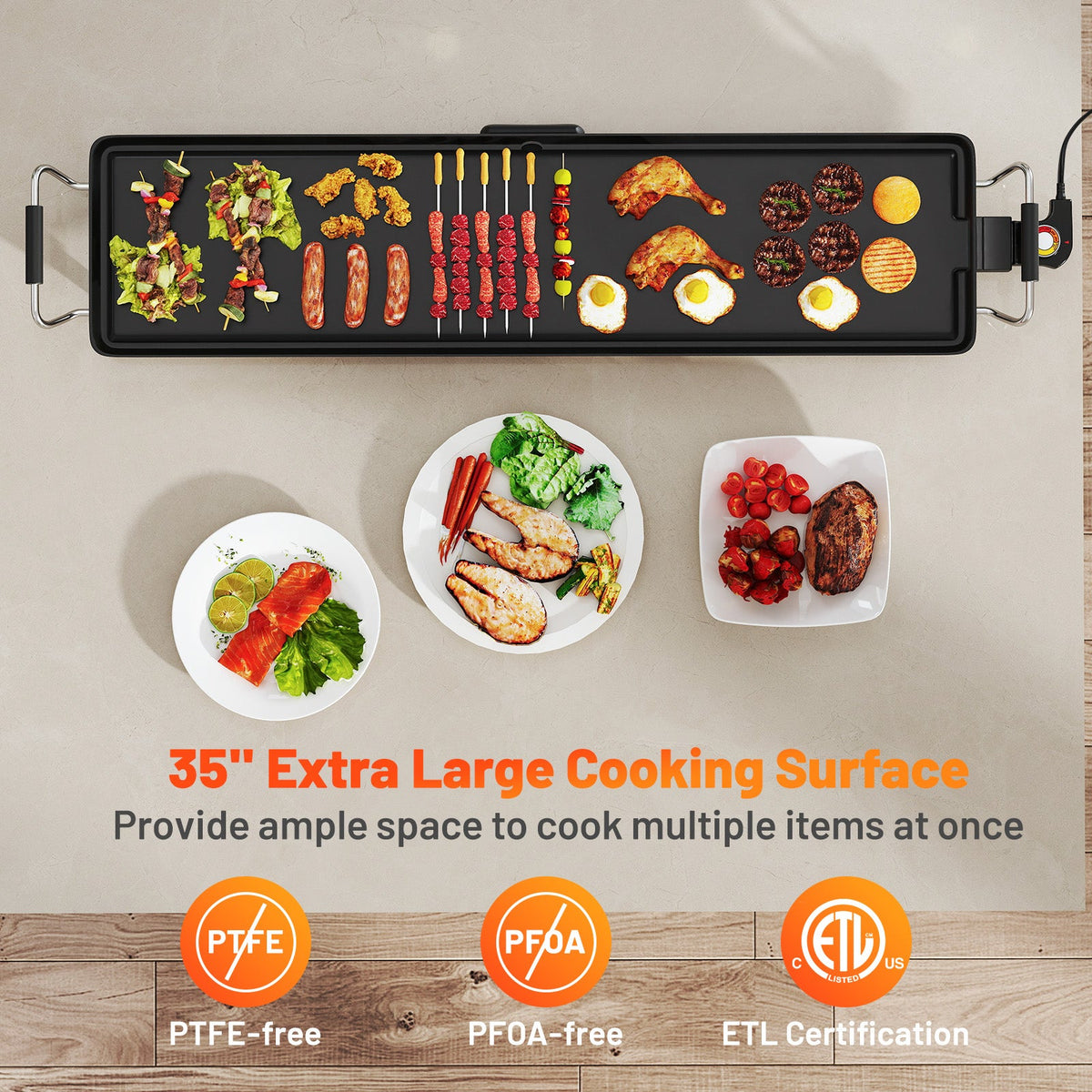 35 Inch Extra Large Electric Griddle with Adjustable Temperature Thermostats and Drip Tray