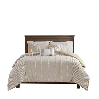 King 3 Piece Cotton Yarn Dyed Duvet Cover Set with Tufted Chenille - Taupe Stripes