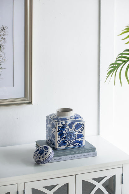Hand Painted Square Ceramic Canister with Blue Floral Pattern - White & Blue