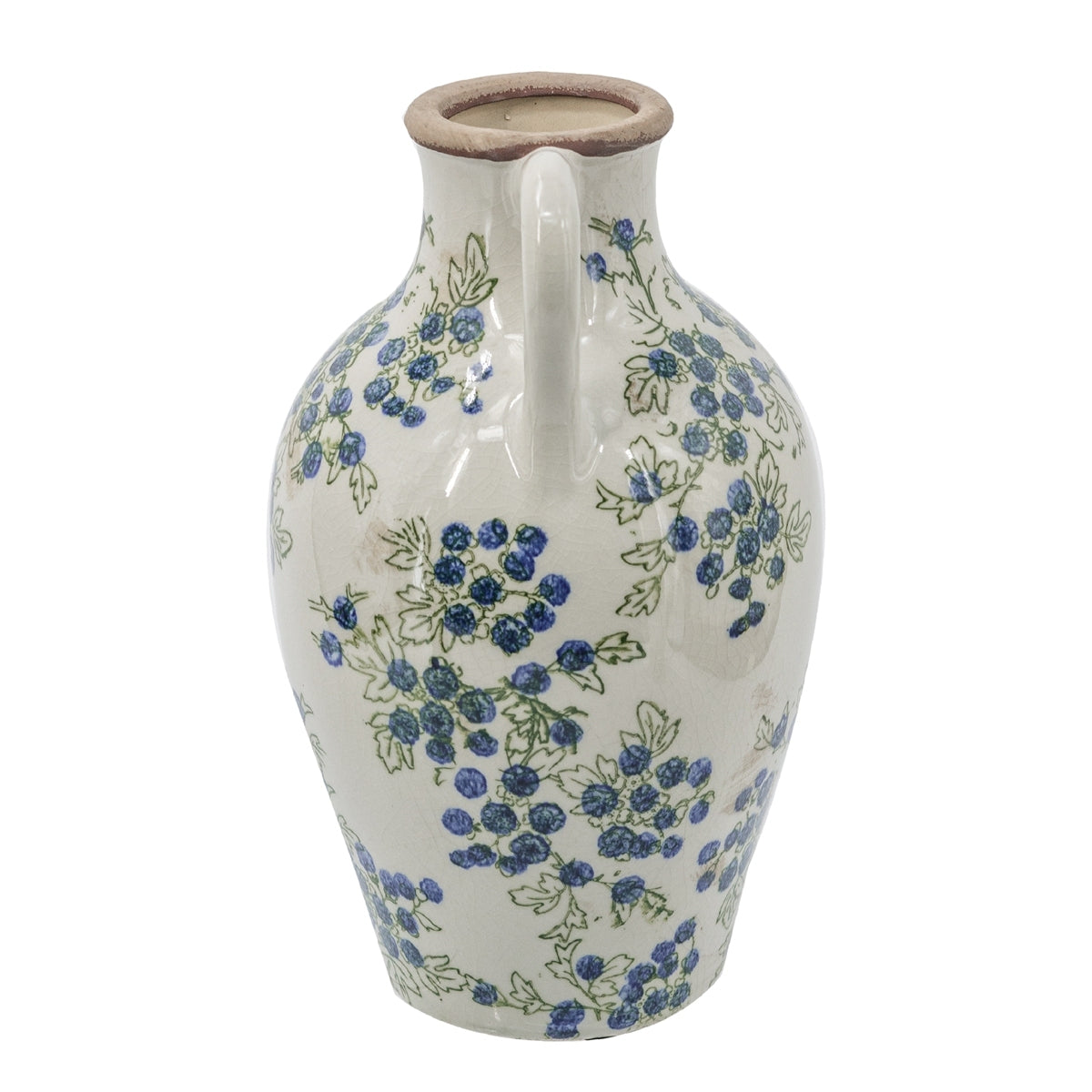 White Ceramic Vase with Blueberry Motif - Multicolor