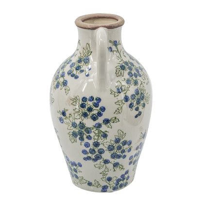 White Ceramic Vase with Blueberry Motif - Multicolor