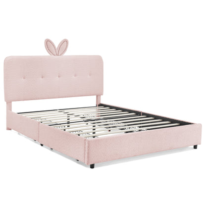Queen Size Kids Upholstered Bed with Rabbit Ear Headboard & Storage - Boucle