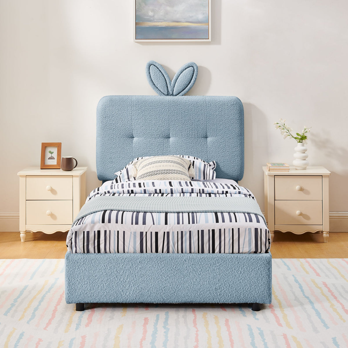 Twin Size Kids Upholstered Bed with Rabbit Ear Headboard & Storage - White Boucle