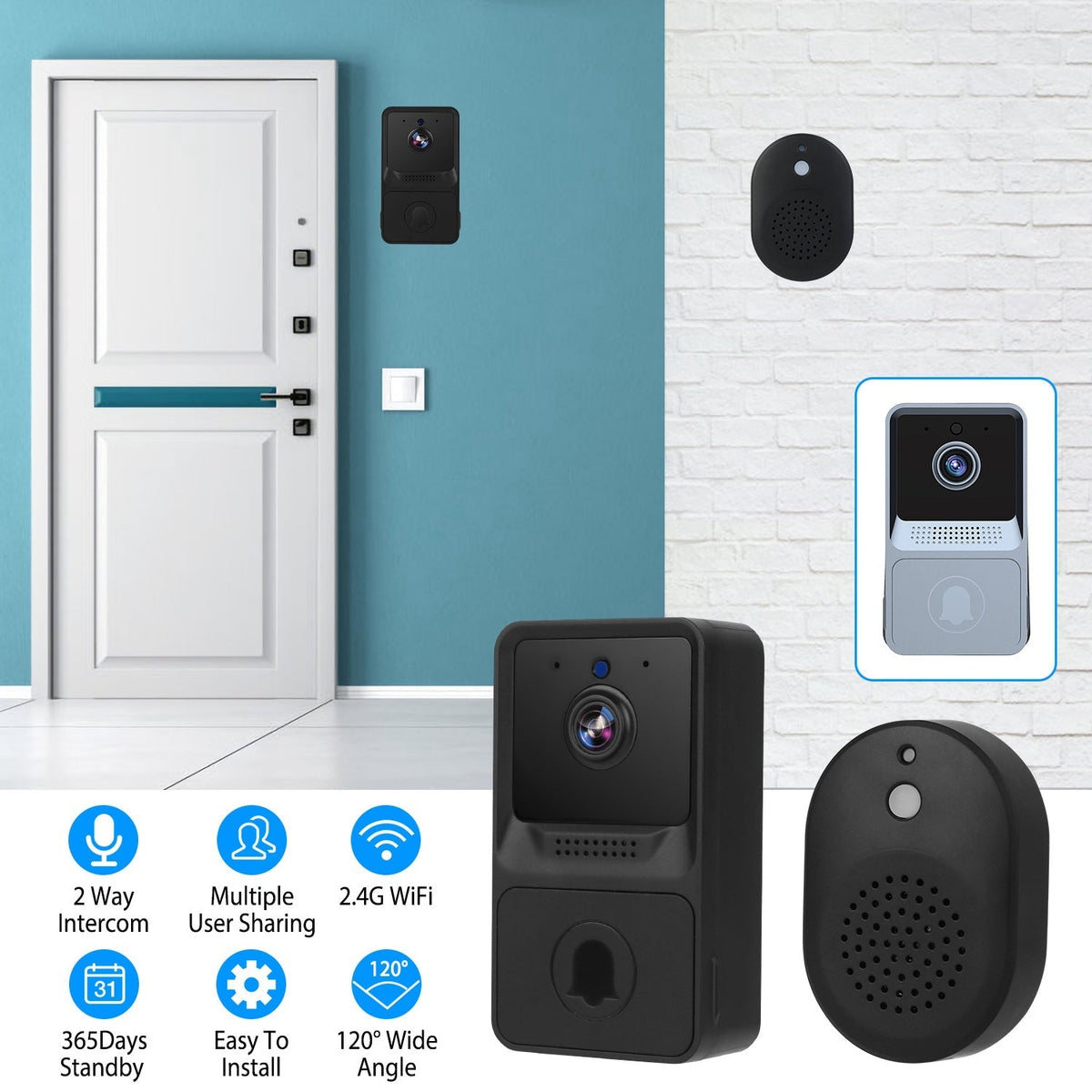 Smart Wireless Chime WiFi Doorbell Security 2 Way Intercom Visual Bell Chime Night Vision Camera Door Bell