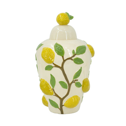 White Ceramic Lidded Jar with Playful Lemon Design - 15" Tall