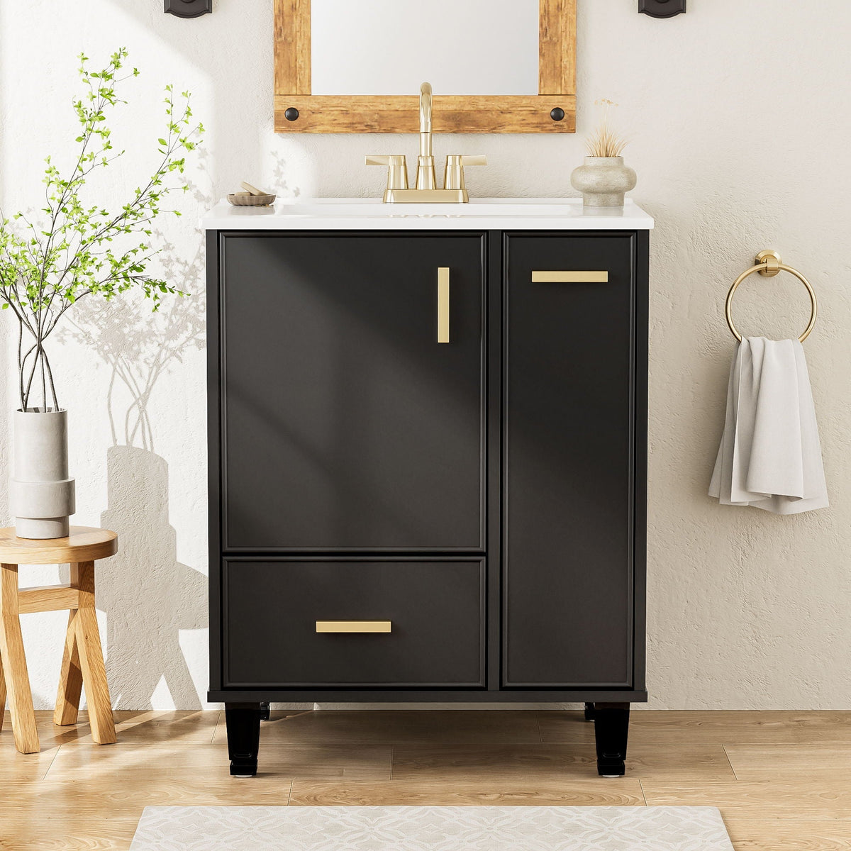 Bathroom Vanity with Ceramic Sink and Deep Storage - Multiple Colors