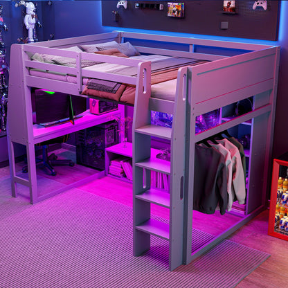 Full Size Gaming Loft Bed with Desk, Storage & LED Lighting - Gray