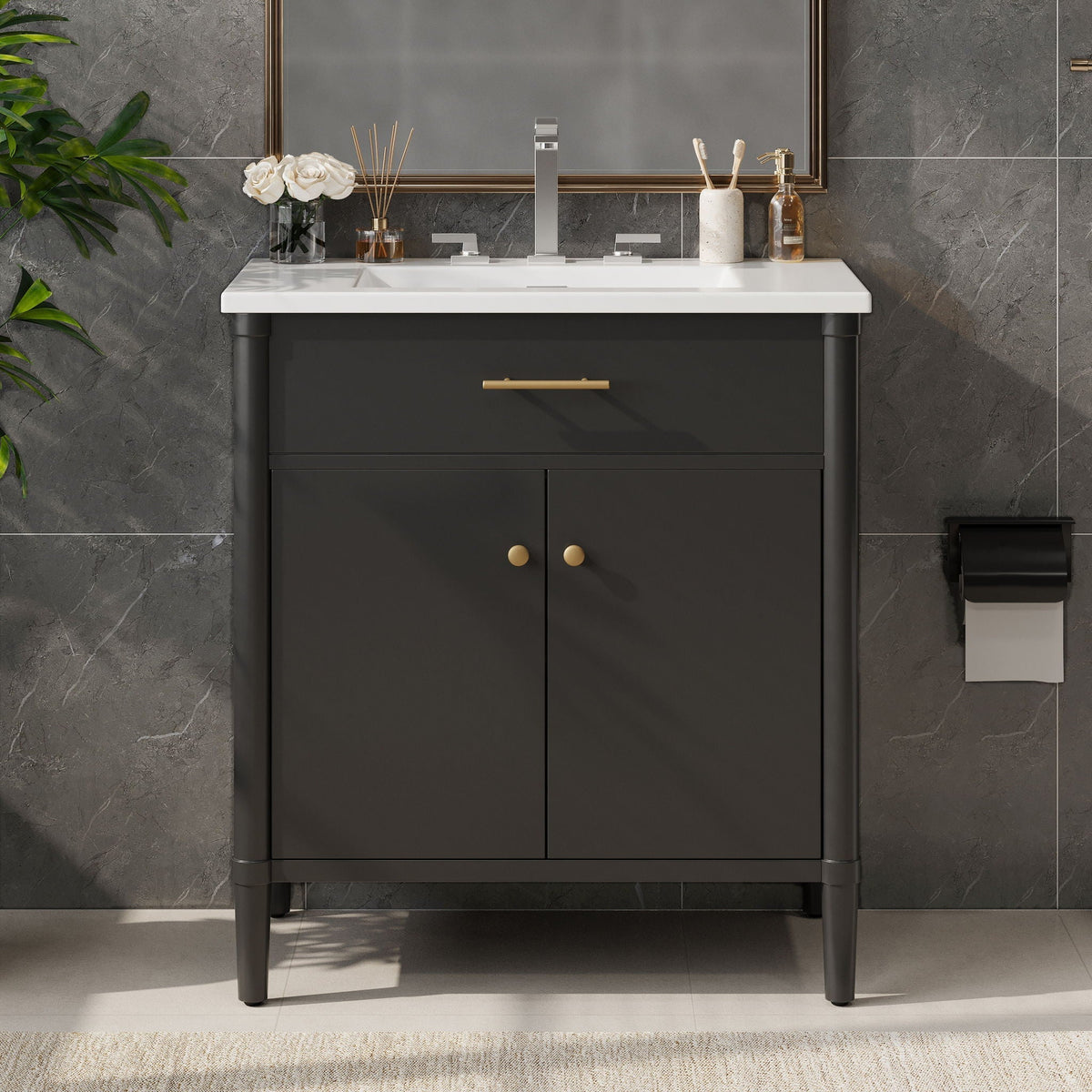 Bathroom Vanity with Sink and Adjustable Shelf - Soft Close Doors - Black, Green, or White