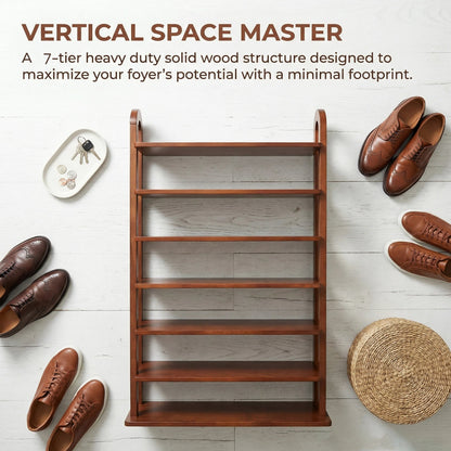 Solid Wood 7-Tier Shoe Rack with Vertical Organizer - Natural Wood