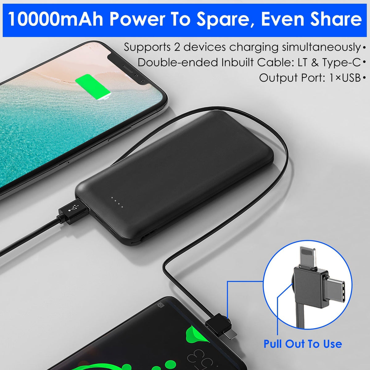 10000mAh Power Bank Portable Phone Charger External Battery Pack with LT & Type-C Double-ended Cable Type-C USB Cable Fit For IOSPhone 14 Android And