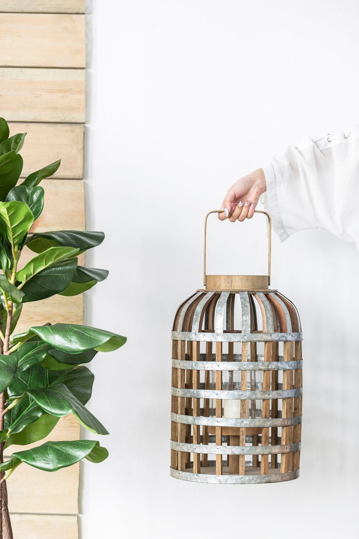 Decorative Wooden Lantern with Handle - Pearl Silver