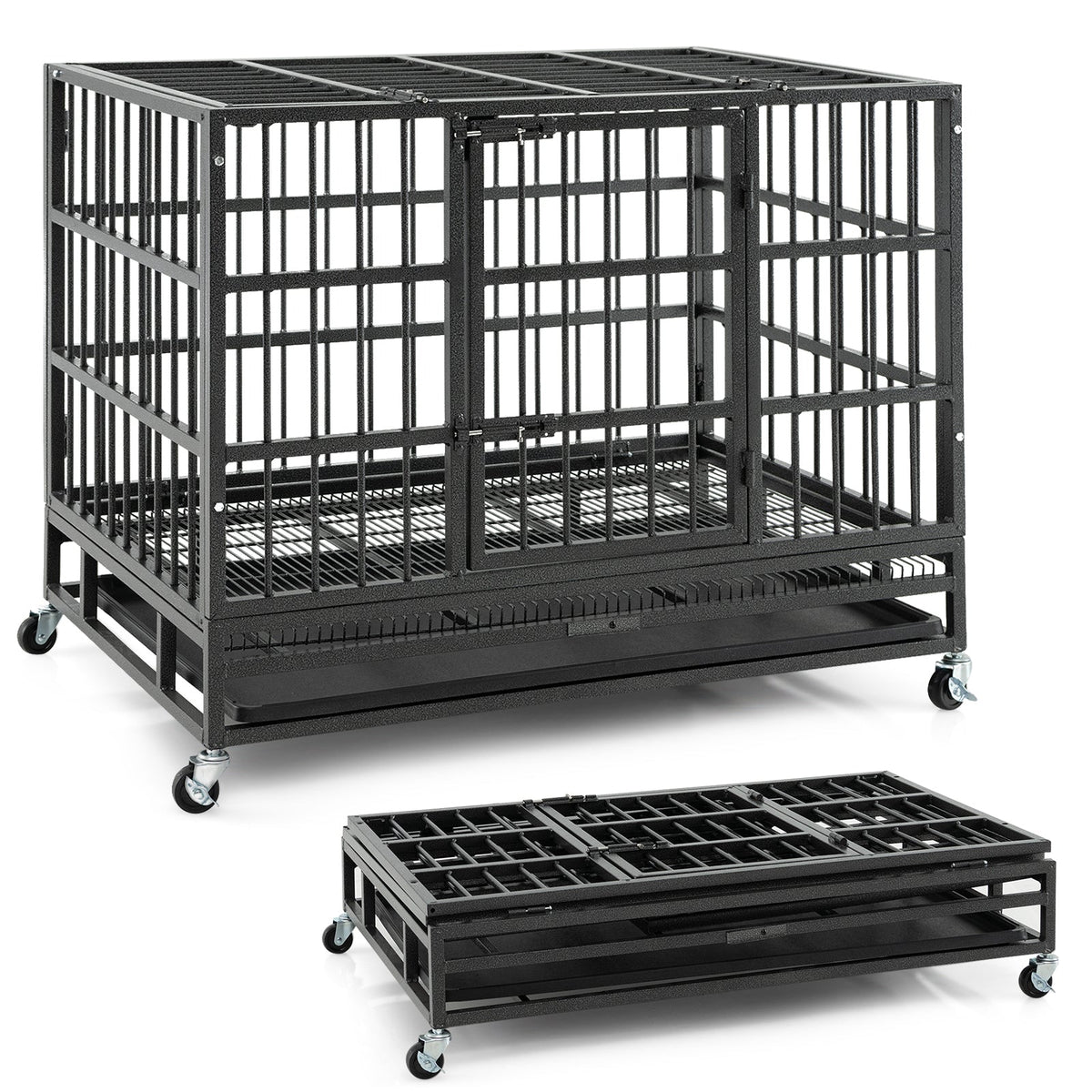 48 Inch Foldable Heavy-Duty Metal Dog Cage with Lockable Rolling Casters and Tray