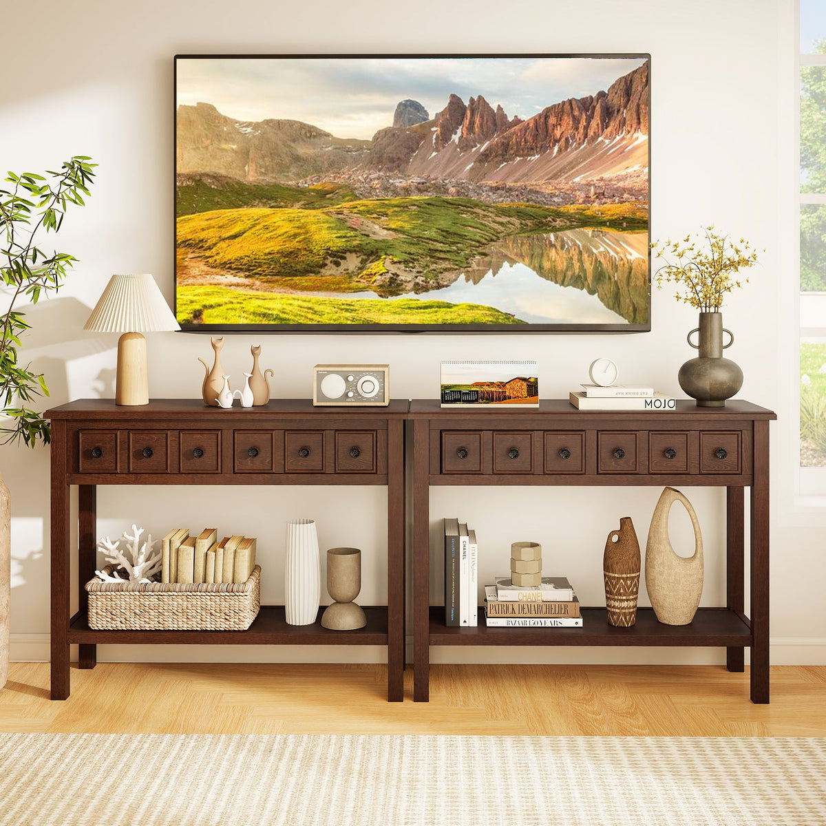 38 Inch Rustic Console Table with 2 Drawers and Bottom Open Shelf-Espresso