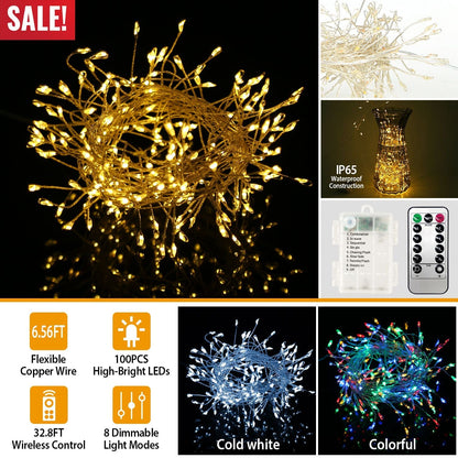 2M 100 LED Fairy String Lights Copper Wire w/Remote Control Party Xmas Decore Lights