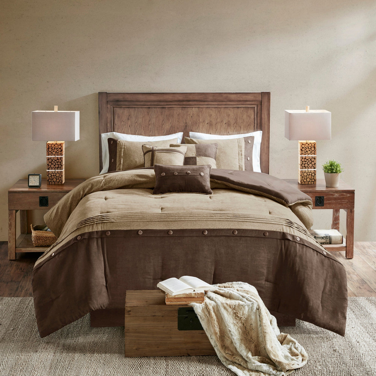 Brown Faux Suede 7 Piece Comforter Set with Decorative Pillows - King