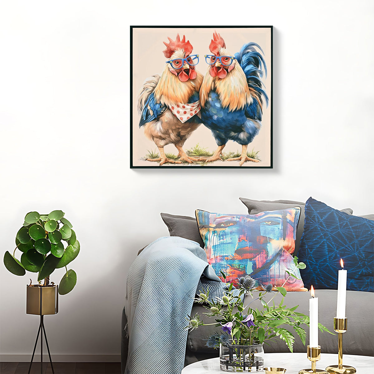 Farmhouse Rooster Wall Art with Distressed Frame - Rustic Canvas Print