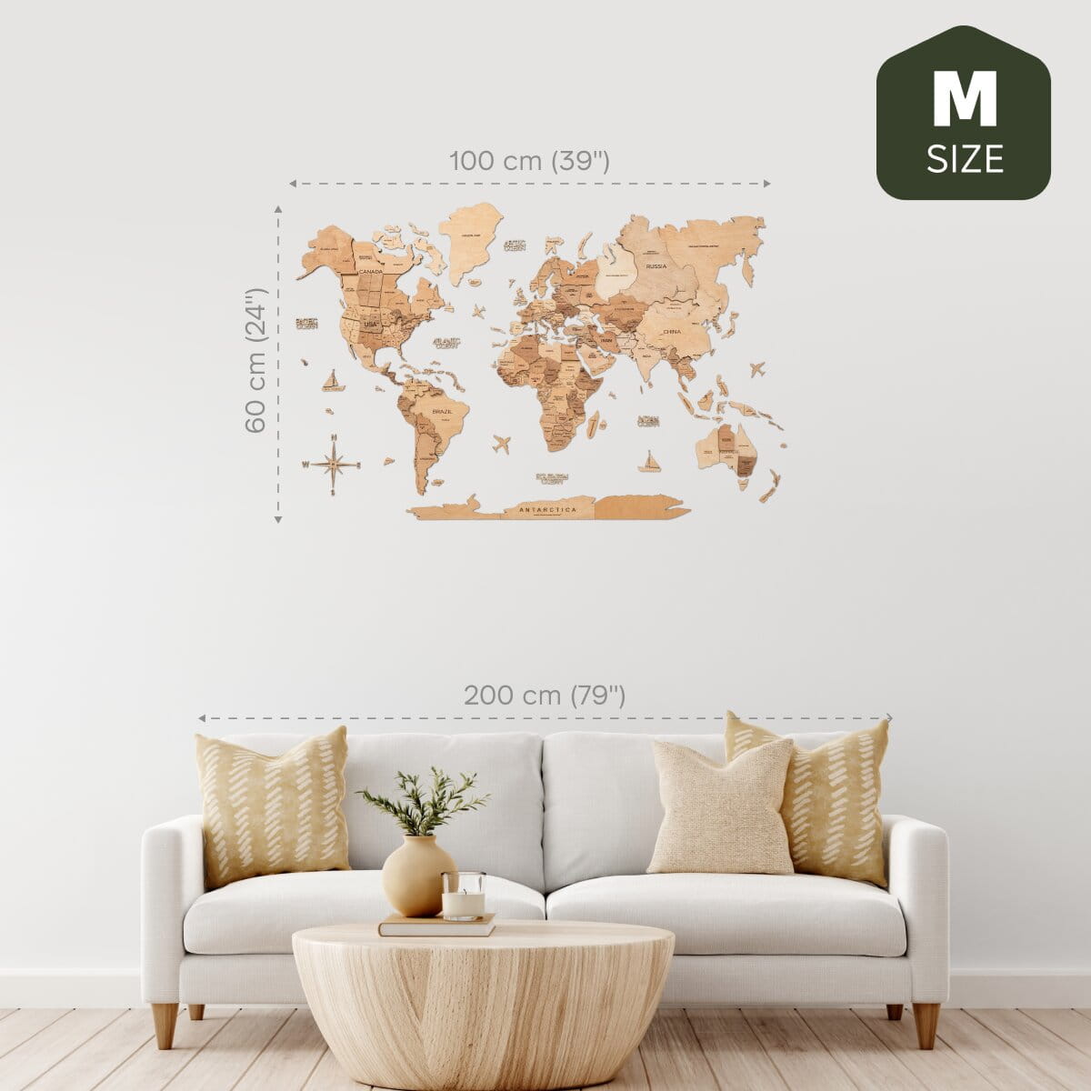 3D Wooden World Map Gold