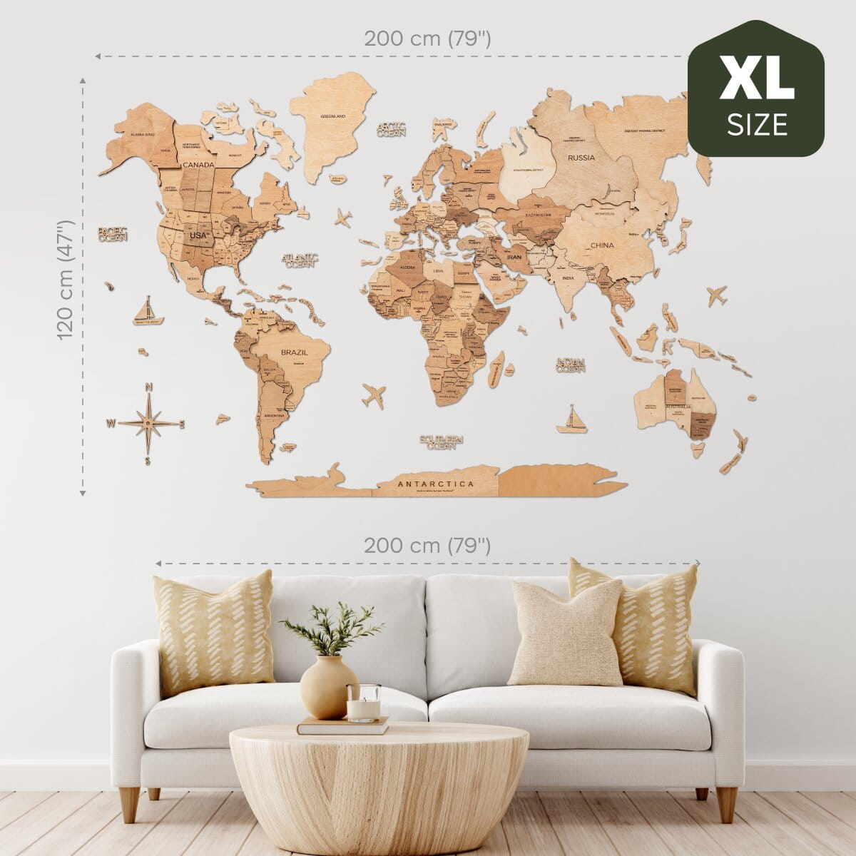 3D Wooden World Map Gold