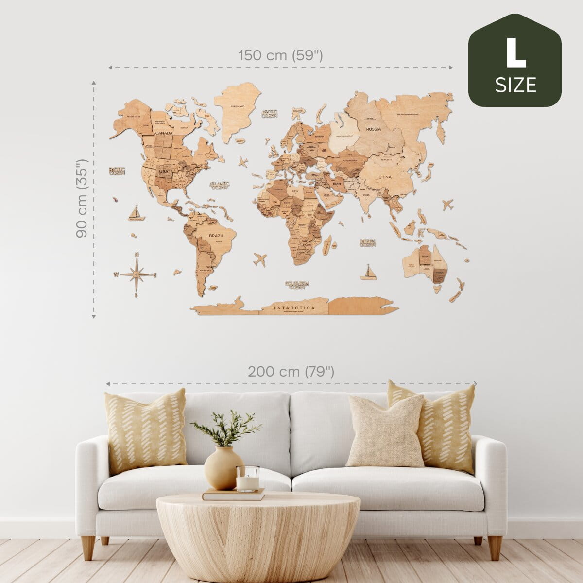 3D Wooden World Map Gold