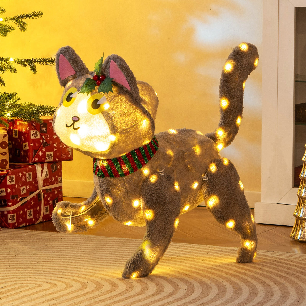Pre-lit 88 LED Light Up 3D Cute Cat with Warm White Light and Plug