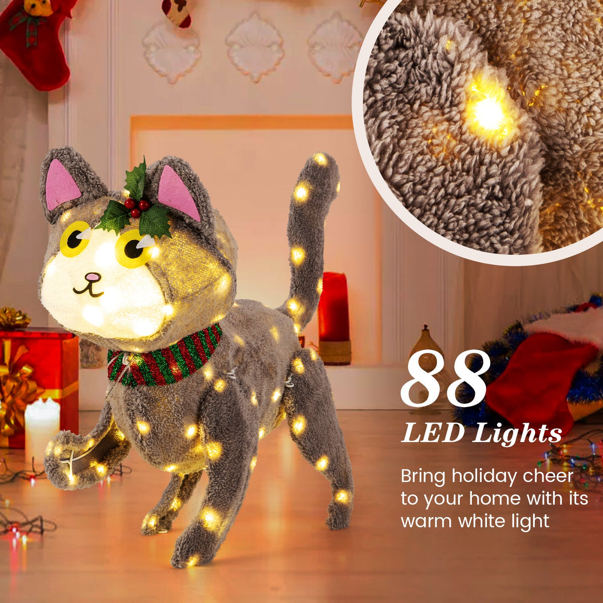Pre-lit 88 LED Light Up 3D Cute Cat with Warm White Light and Plug