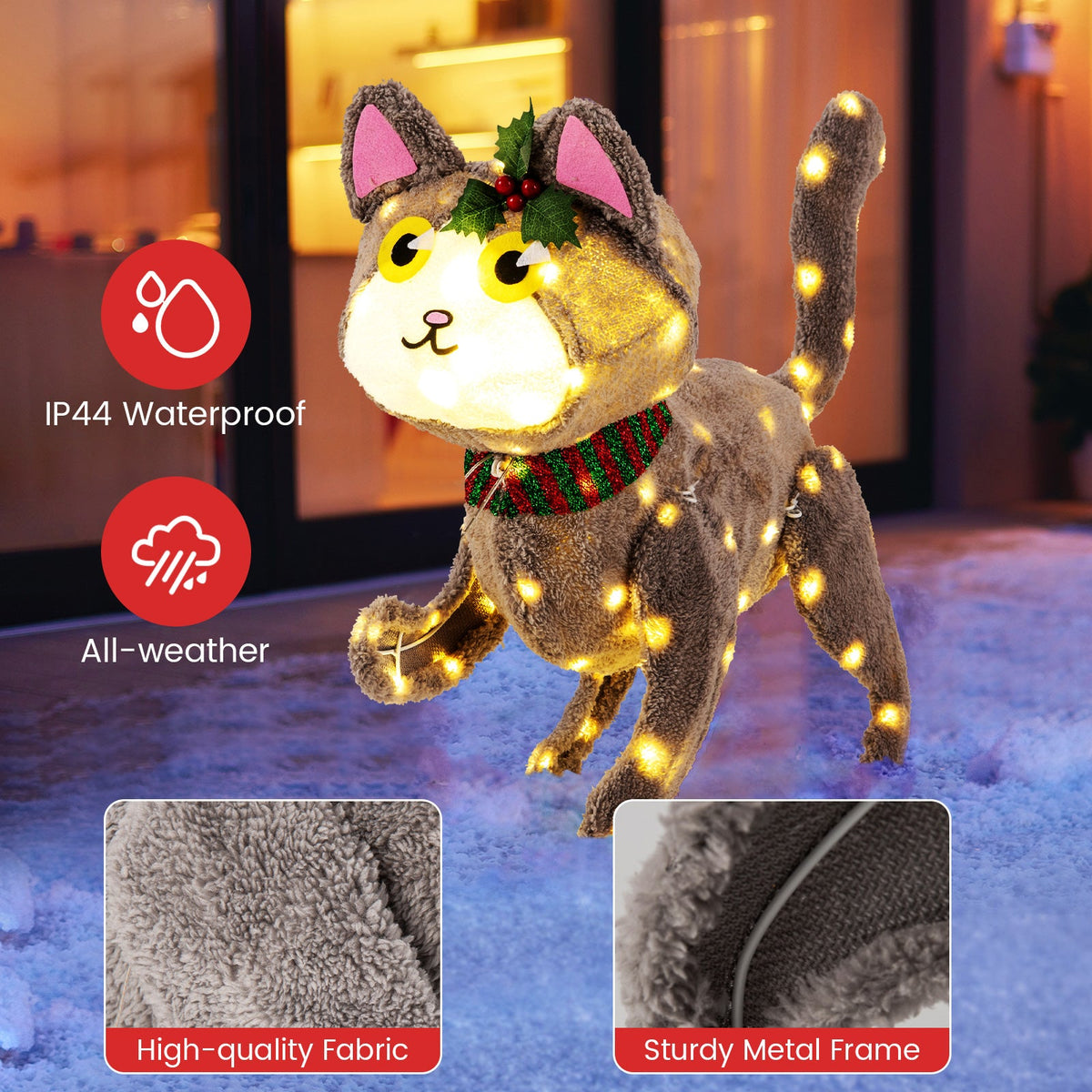 Pre-lit 88 LED Light Up 3D Cute Cat with Warm White Light and Plug