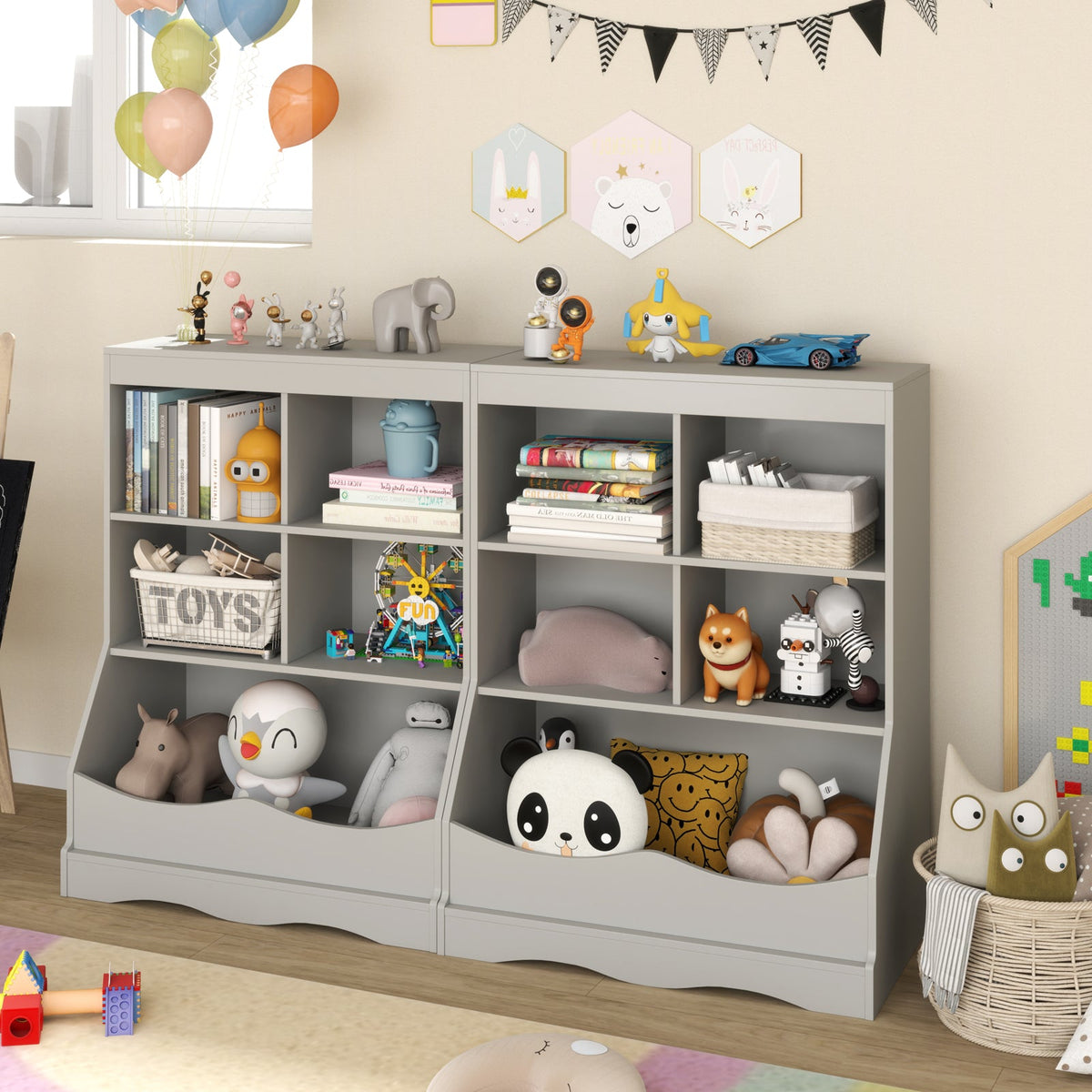 3-Tier Children's Multi-Functional Bookcase Toy Storage Bin Floor Cabinet-Gray