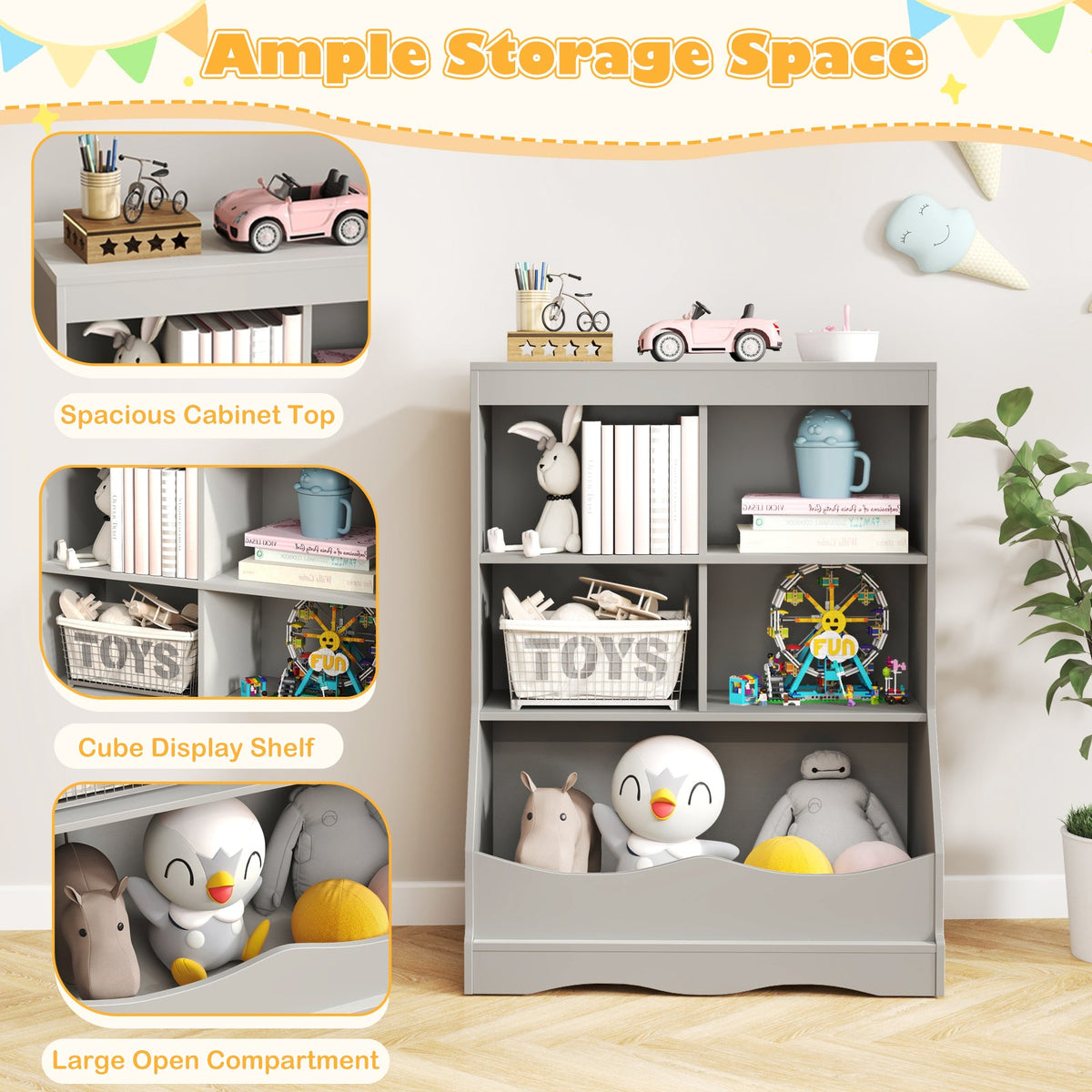 3-Tier Children's Multi-Functional Bookcase Toy Storage Bin Floor Cabinet-Gray