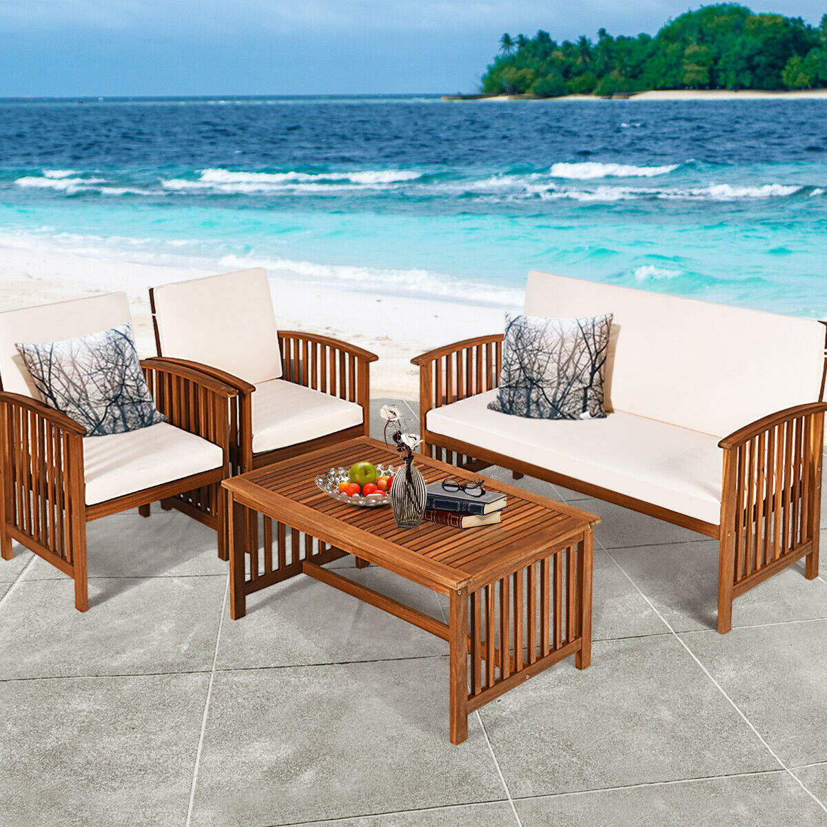 4 Pieces Patio Solid Wood Furniture Set