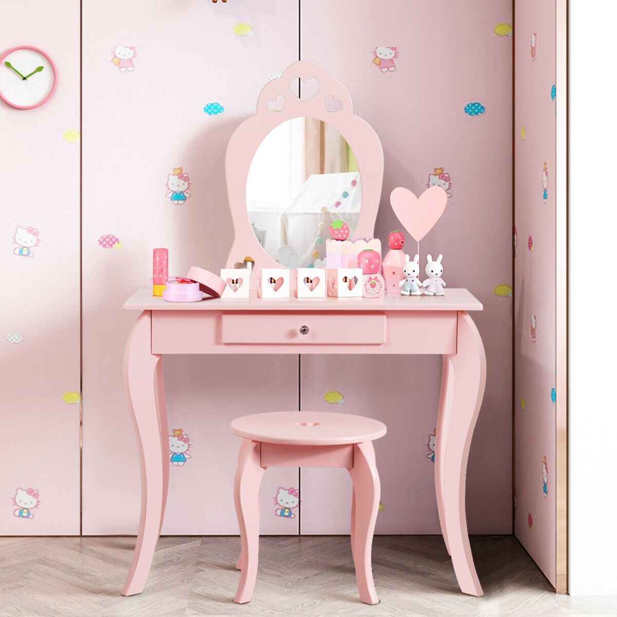 Kids Princess Makeup Dressing Play Table Set with Mirror