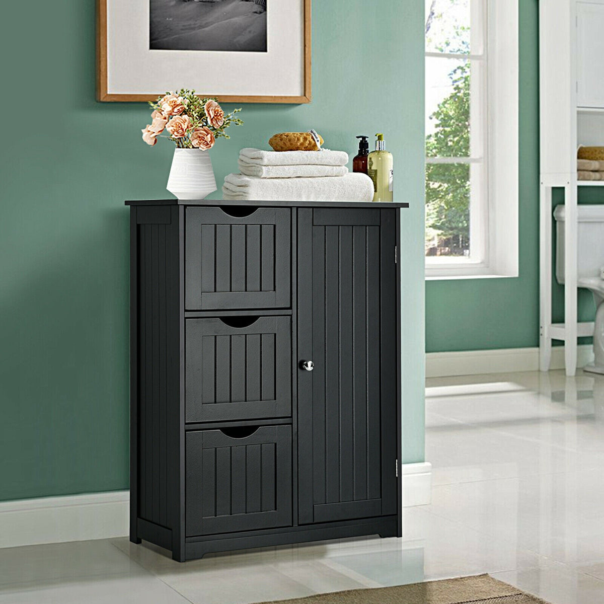 Bathroom Floor Cabinet Side Storage Cabinet with 3 Drawers and 1 Cupboard
