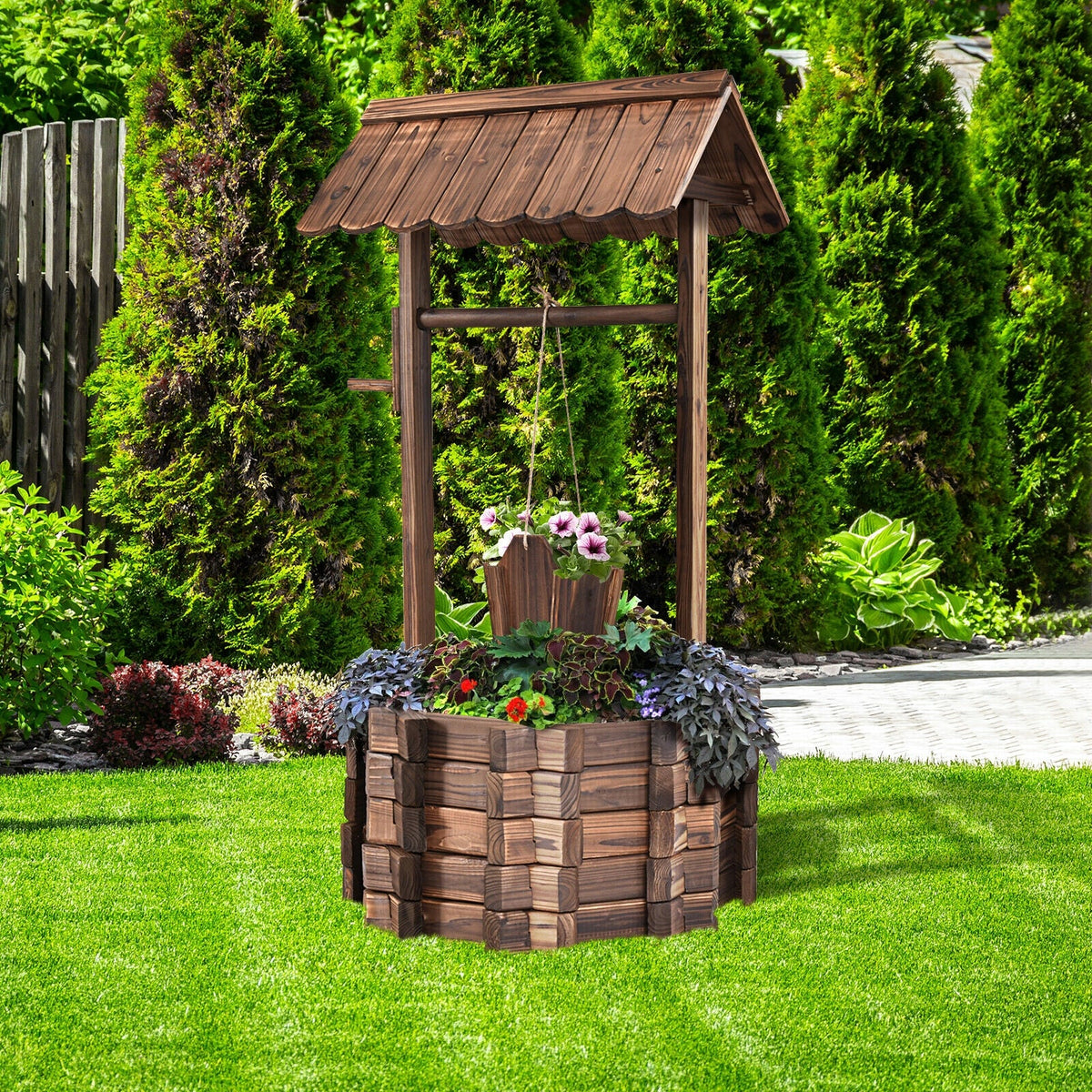 Outdoor Wooden Wishing Well Planter Bucket