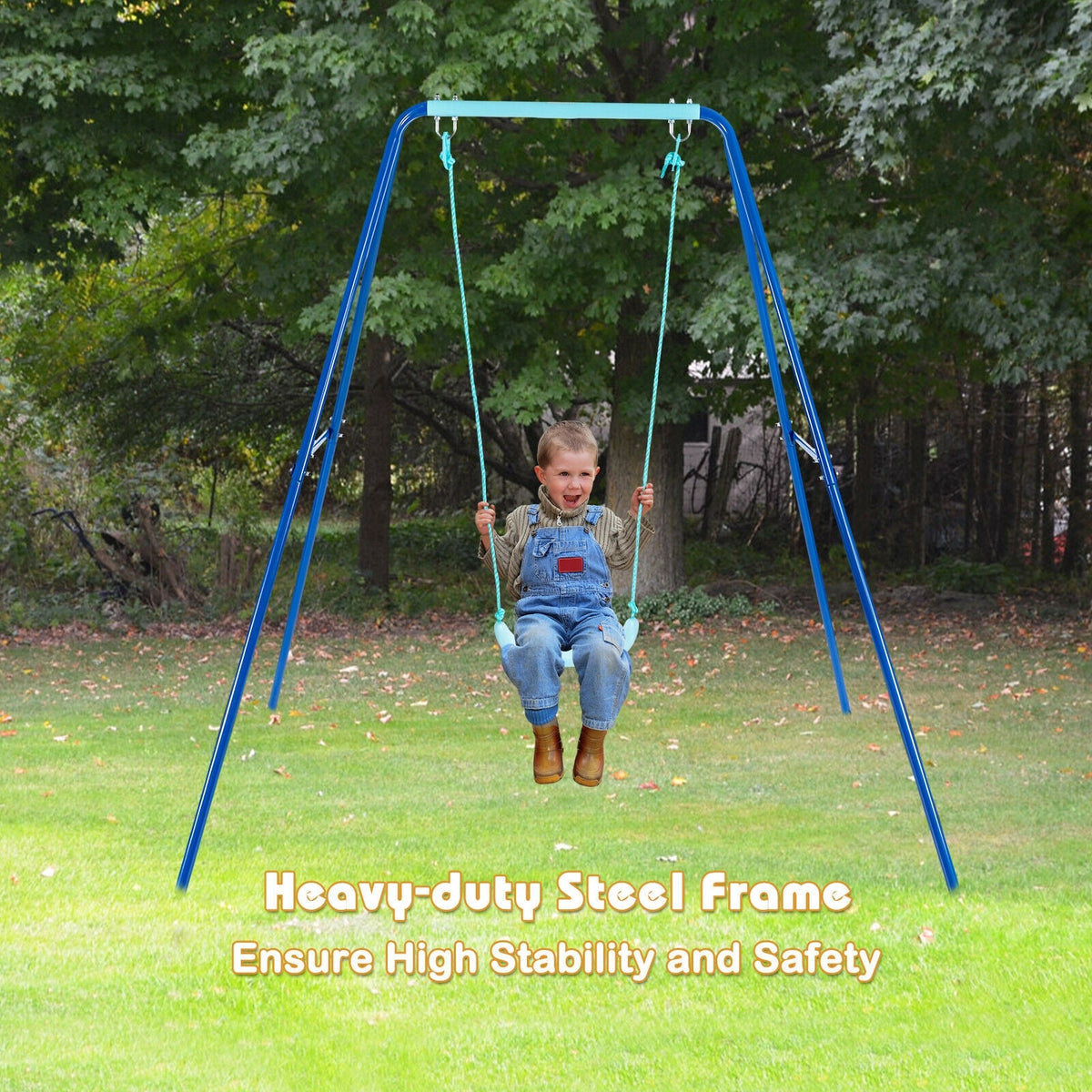 Outdoor Kids Swing Set with Heavy-Duty Metal A-Frame and Ground Stakes