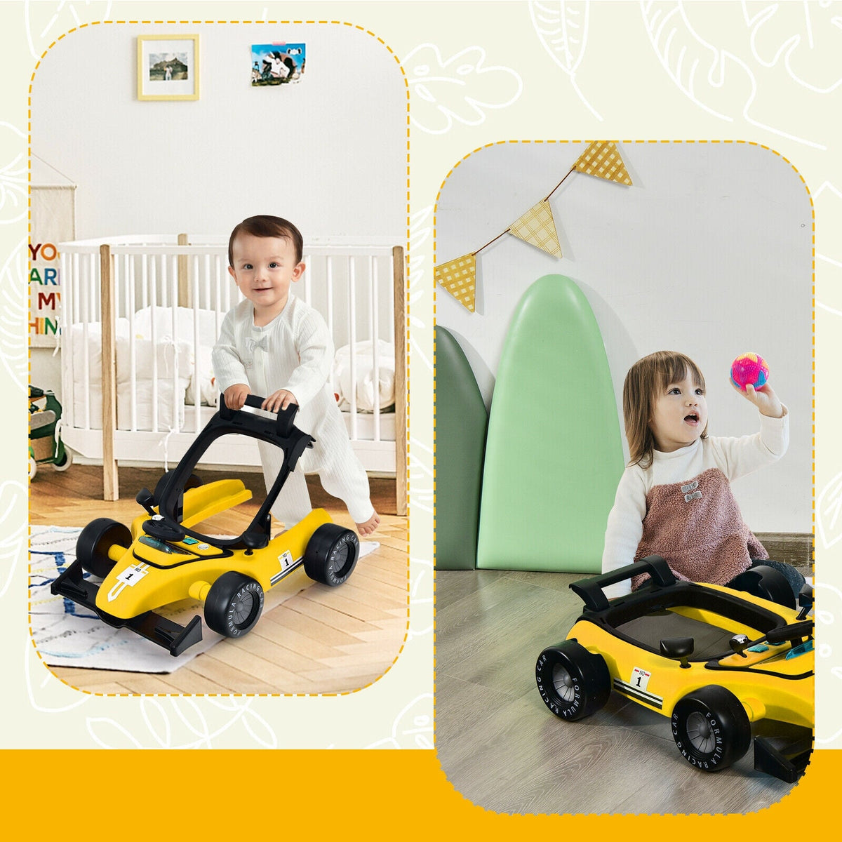 4-in-1 Foldable Activity Push Walker with Adjustable Height-Yellow