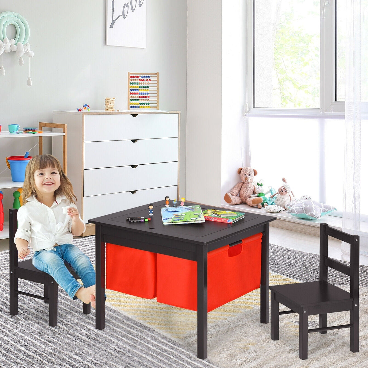 2-in-1 Kids Activity Table and 2 Chairs Set with Storage Building Block Table
