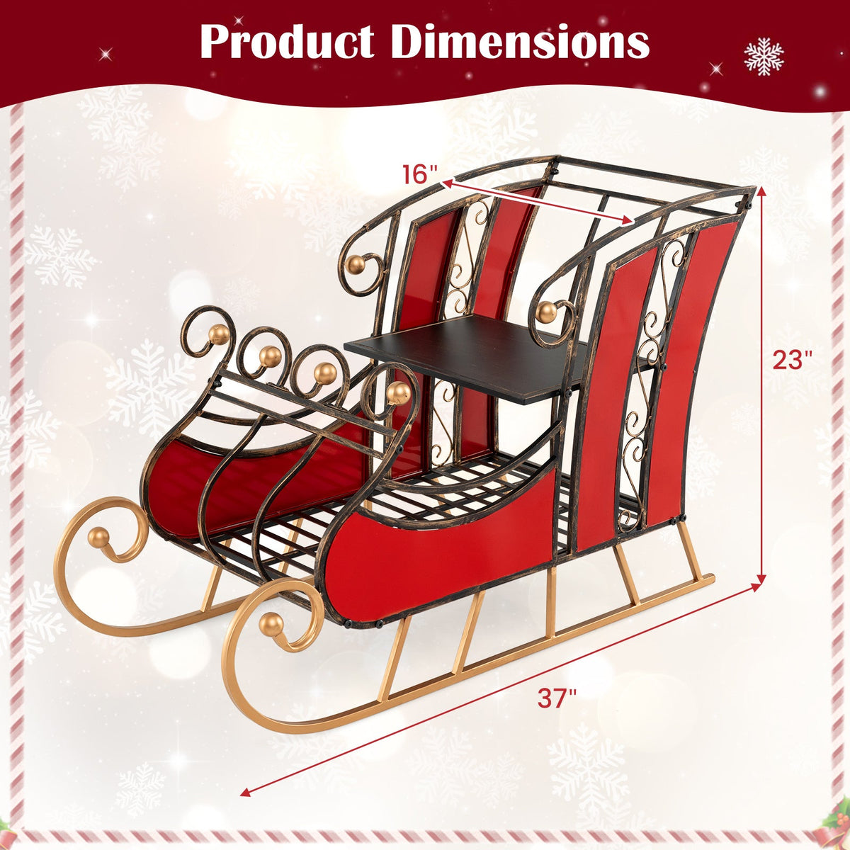 3 FT Christmas Metal Sleigh Decoration Santa Sleigh with 2-Tier Storage Shelf