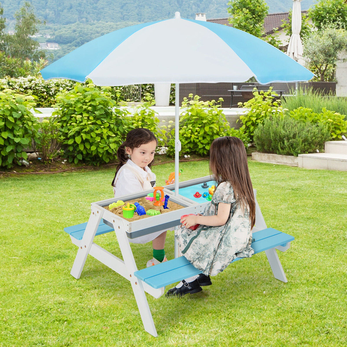 3-in-1 Kids Outdoor Picnic Water Sand Table with Umbrella Play Boxes-Blue