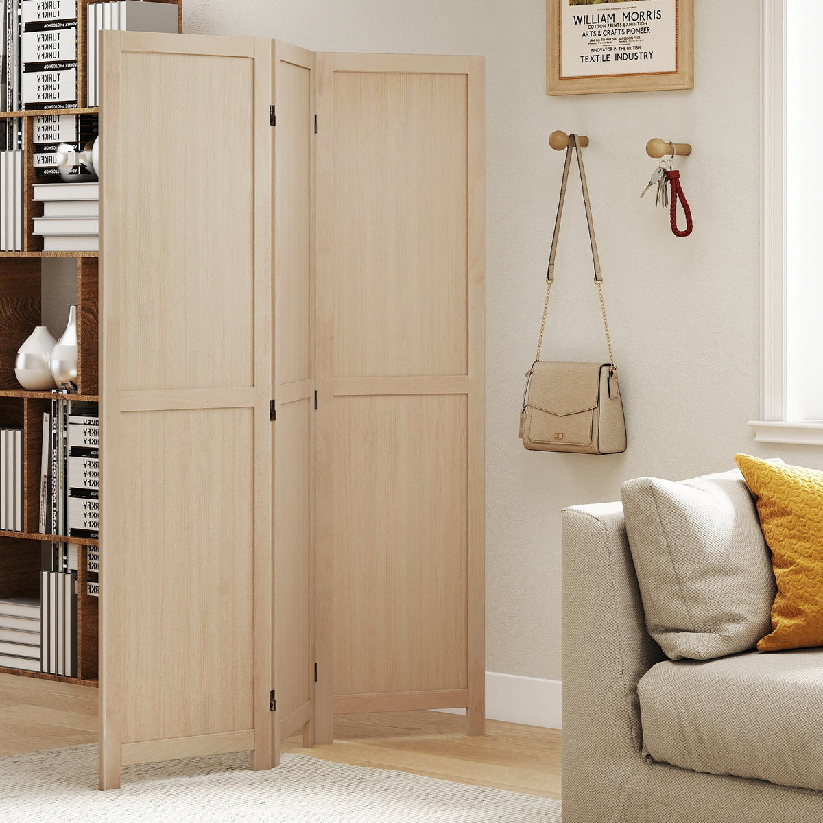 3 Panel Folding Room Divider for Home Office Bedroom Restaurant-Beige