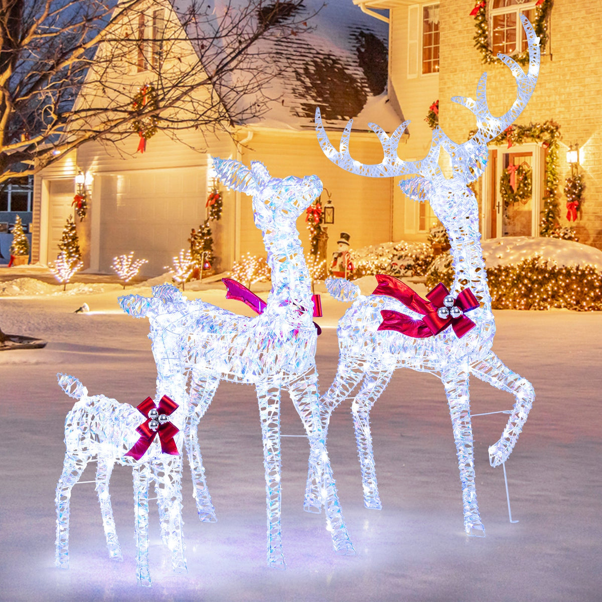 3-Piece Christmas Lighted Iridescent Reindeer Family Set with 215 Cold White LED Lights and Ground Stakes