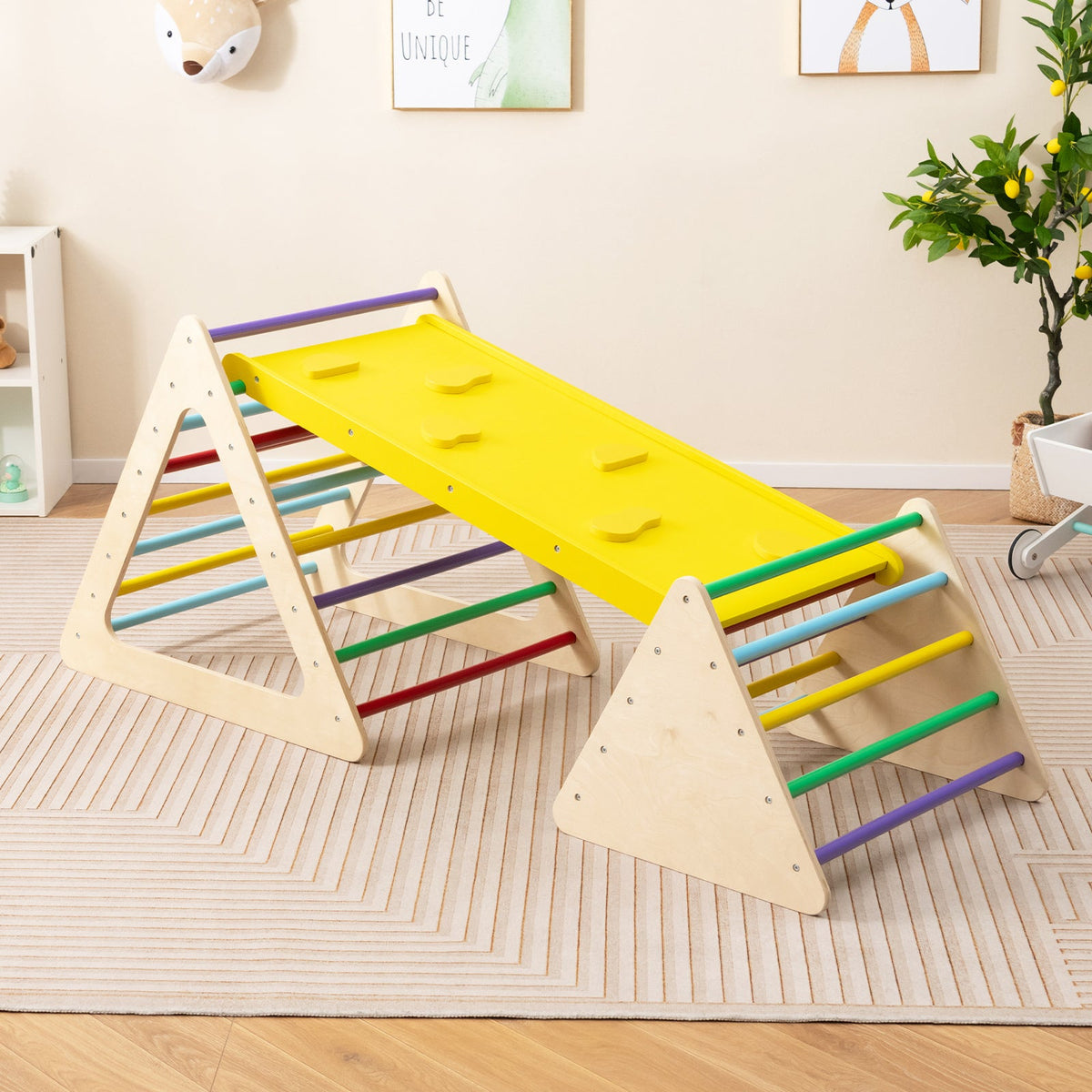 3 Piece Toddler Triangle Set Montessori with 2 Climbing Triangles and 1 Ramp-Colorful