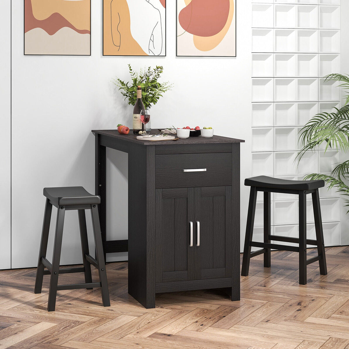 3-Piece Bar Table Set for 2 with 2 Saddle Stools for Dining Room